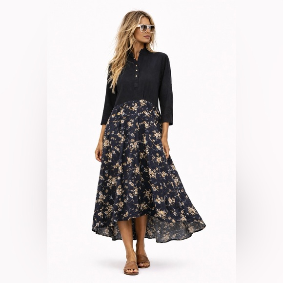 FBC Studio Dresses & Skirts - Boho High Low Floral Midi Dress L Organic Cotton Viscose Adjustable Waist